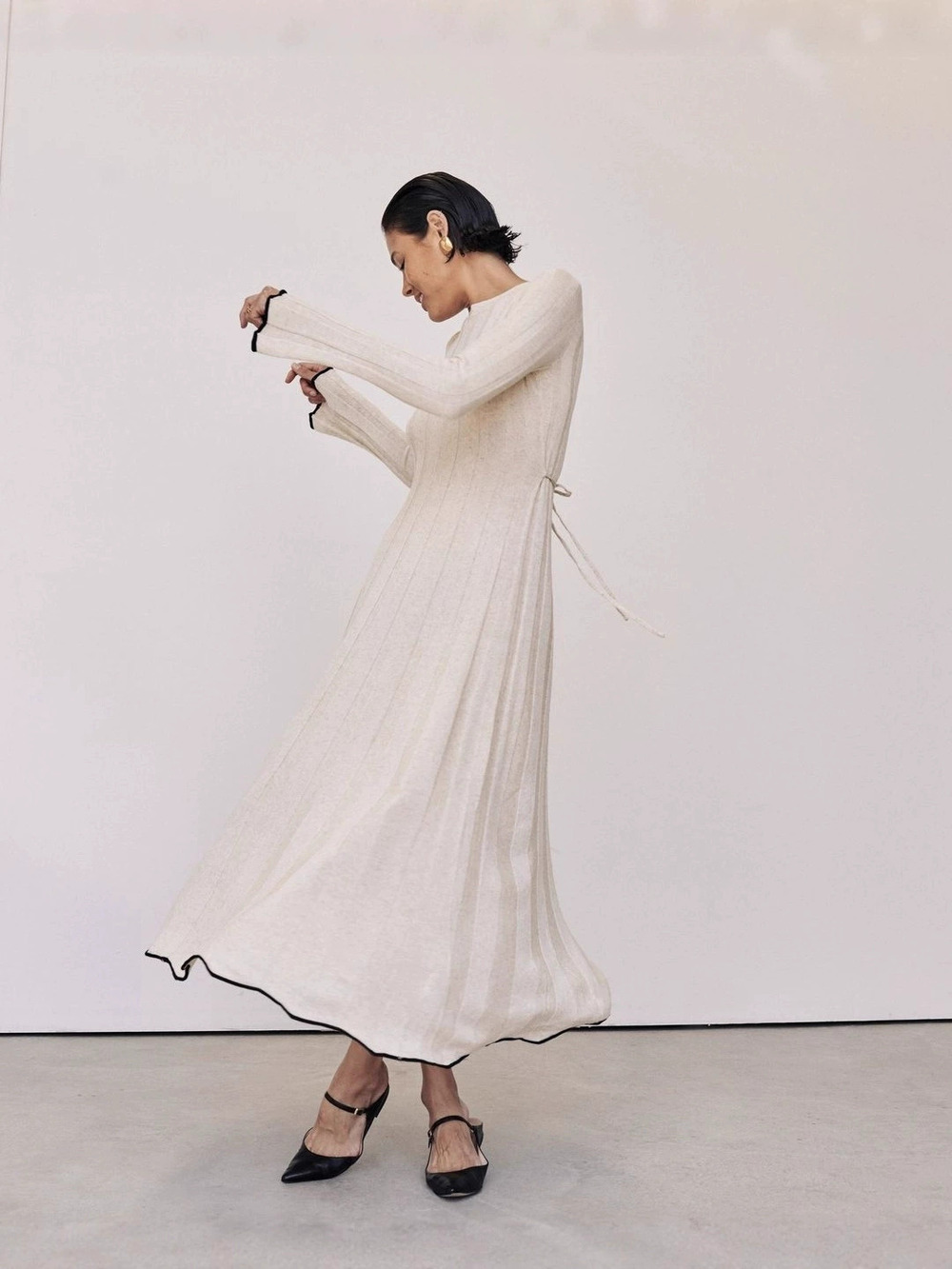 Zara Casual Pleated Long Sleeve Slim Fit Long Dress Office